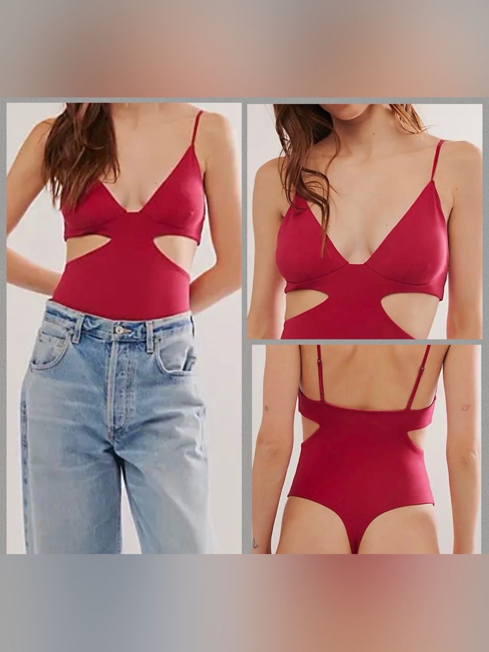 Free People Intimately Love Triangle Thong Bodysuit M Cha Cha Cherry Red Cutout